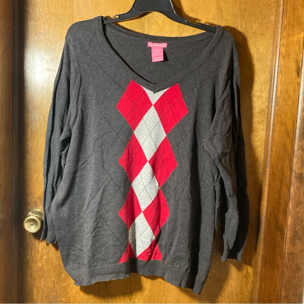 Woman Within 3x Gray with Red Argyle V-Neck Long Sleeve Sweater